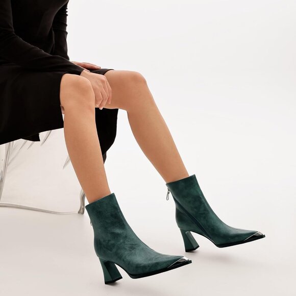 Women Green Metal Leather Side Zipper Chunky Block Heels Comfortable Fall Boots - Picture 2 of 6